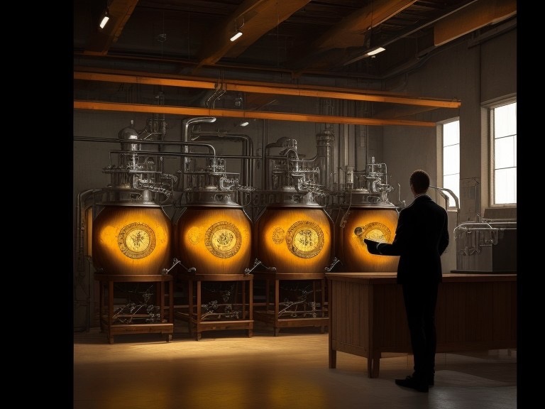 Generative AI Analogy - Human Distiller in front of distillery equipment